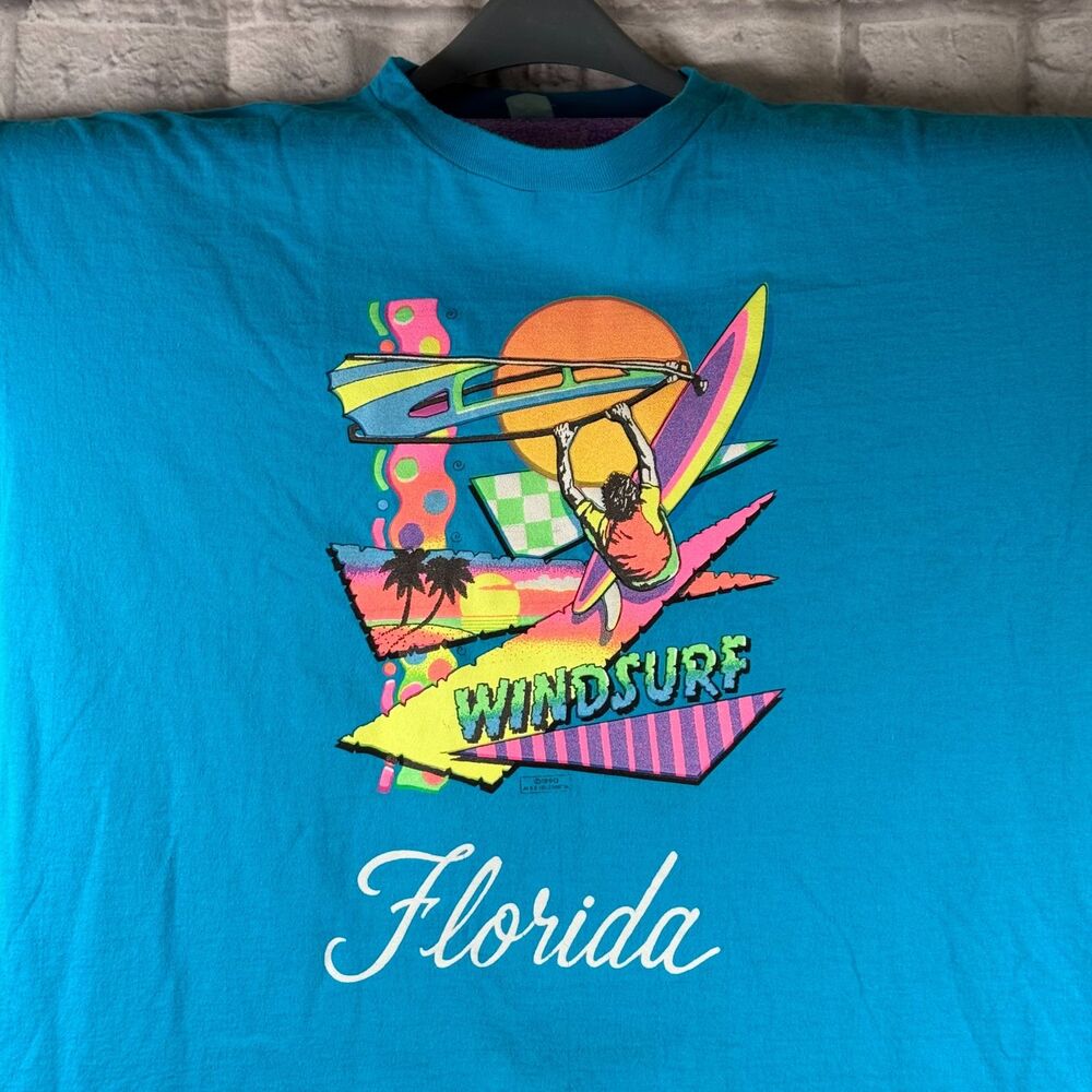 Vintage 1990 Florida Windsurf T-Shirt 3XL Neon Graphics Made USA Single Stitch